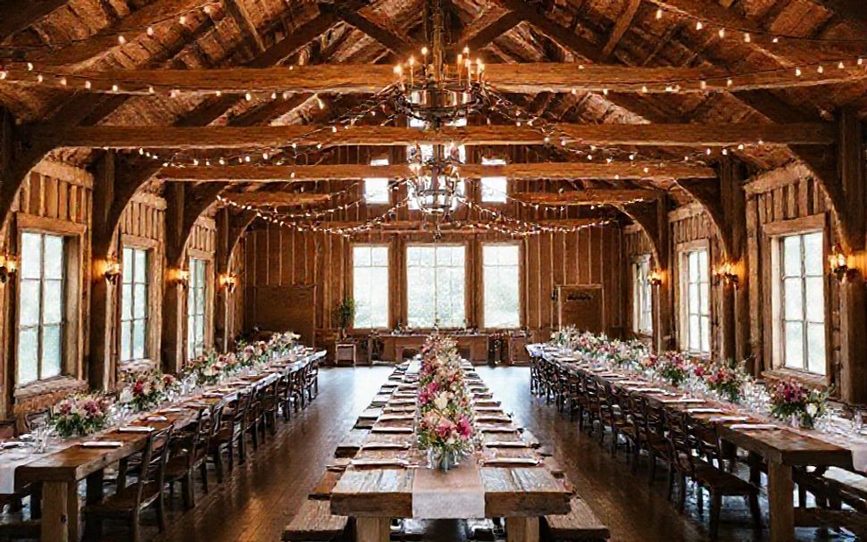 Rustic elegant reception hall with mountain lodge ambiance